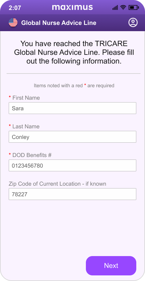 App screen: intake form for the TRICARE Global Nurse Advice Line