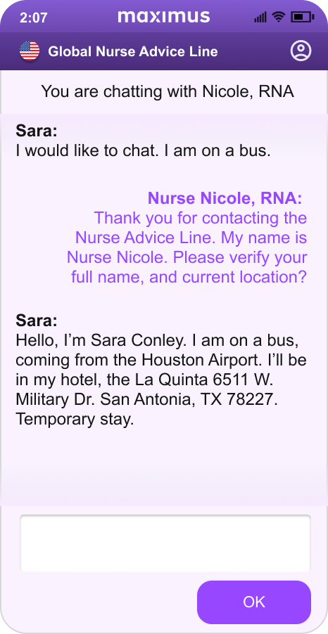 App screen: live chat with a registered nurse