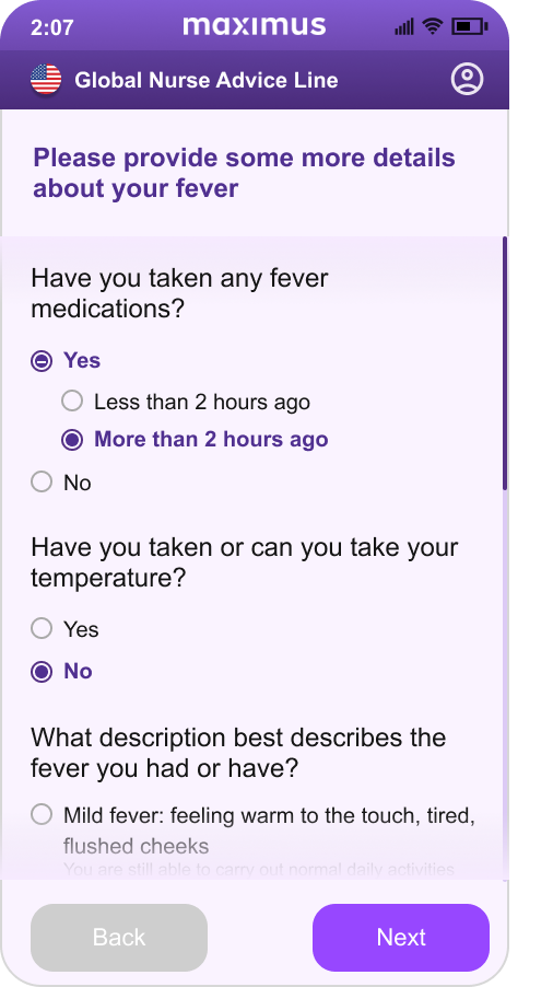 App screen: follow-up questions about a fever